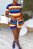 Colour Casual Striped Patchwork O Neck Short Sleeve Two Pieces