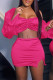 Rose Red Fashion Sexy Solid Backless Off the Shoulder Long Sleeve Two Pieces