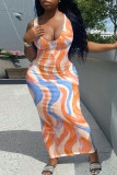 Orange Sexy Print Patchwork Spaghetti Strap A Line Dresses
