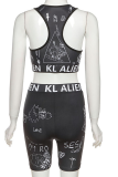 Black Casual Print Patchwork V Neck Sleeveless Two Pieces