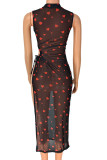 Red Sexy Print Bandage Patchwork See-through Half A Turtleneck Straight Dresses