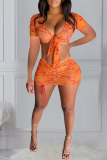 Pink Sexy Print Patchwork V Neck Short Sleeve Two Pieces