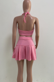 Pink Casual Solid Patchwork V Neck Sleeveless Two Pieces