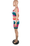 Red Fashion Casual Print Backless One Shoulder Sleeveless Two Pieces