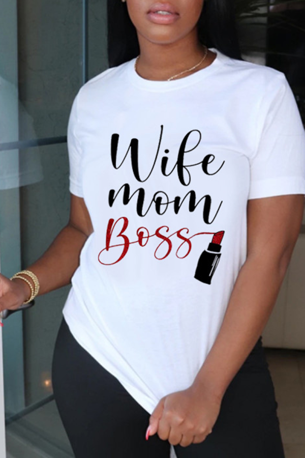 White Casual Print Patchwork O Neck T-Shirts