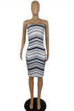 Black White Sexy Casual Striped Print Backless Strapless Sleeveless Dress