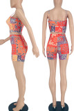 Red Casual Print Patchwork Spaghetti Strap Two Pieces