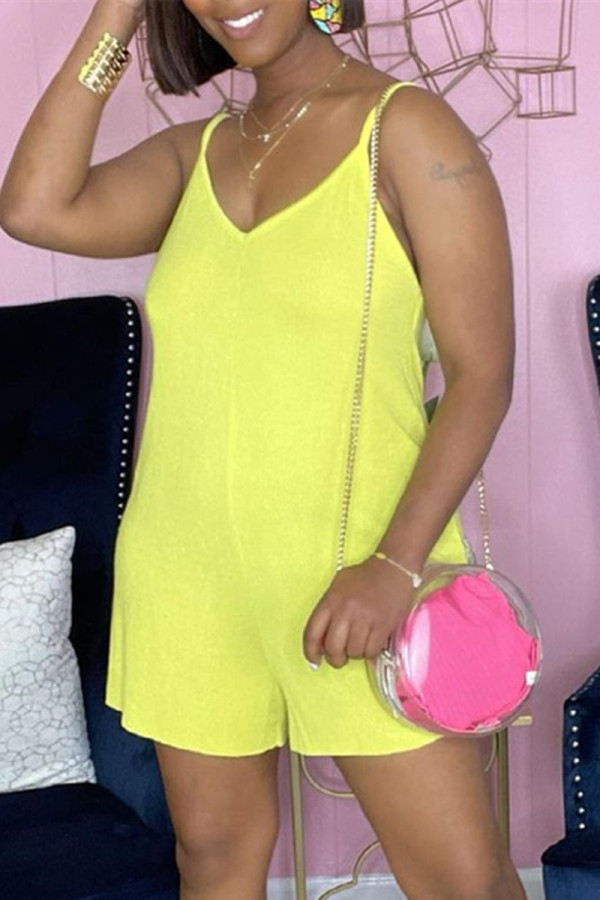 Yellow Sexy Casual Solid Backless Spaghetti Strap Regular Romper