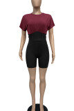 Pink Casual Solid Patchwork O Neck Short Sleeve Two Pieces