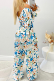 Blue Sexy Print Patchwork V Neck Long Sleeve Two Pieces
