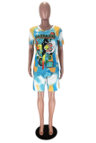 Pink Casual Patchwork Tie-dye V Neck Short Sleeve Two Pieces