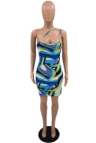Blue Sexy Print Patchwork Spaghetti Strap Pencil Skirt Dresses