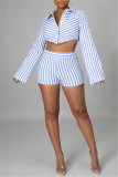 Green Fashion Casual Striped Print Patchwork Turndown Collar Long Sleeve Two Pieces