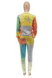 Orange Fashion Casual Irregular Print Patchwork Zipper O Neck Short Sleeve Two Pieces