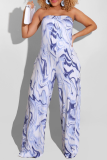 Brown Casual Print Patchwork Strapless Straight Jumpsuits