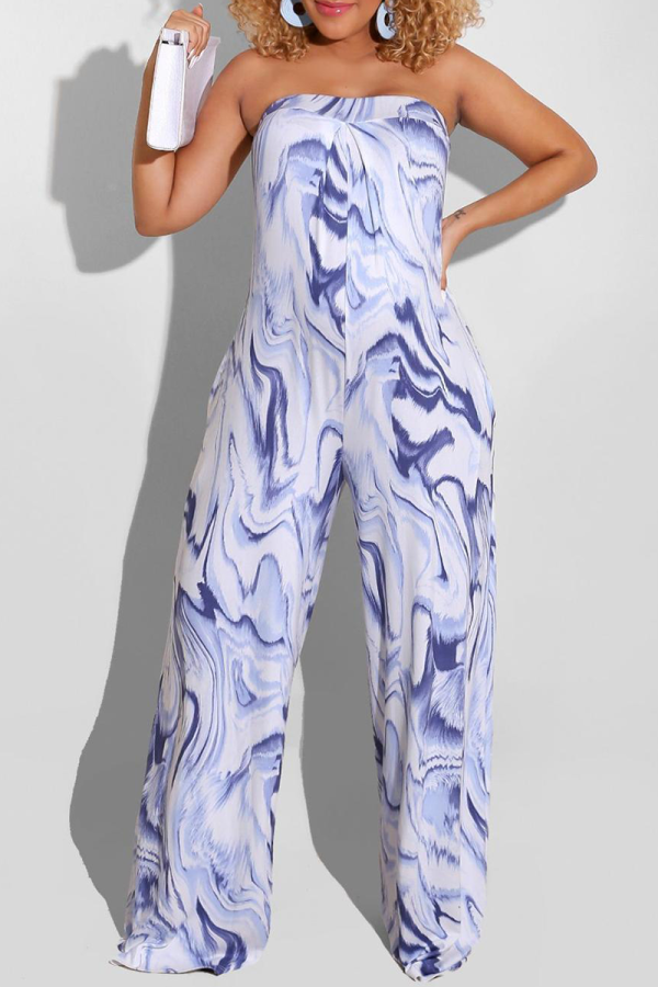 Sky Blue Casual Print Patchwork Strapless Straight Jumpsuits