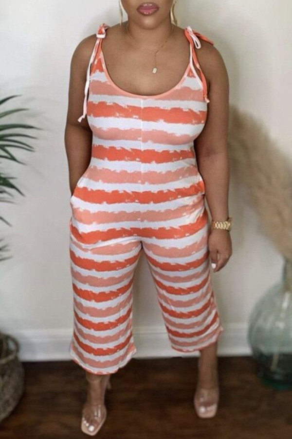 Orange Fashion Casual Striped Print Strap Design O Neck Regular Jumpsuits