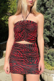 Red Sexy Print Patchwork Strapless Sleeveless Two Pieces