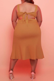 Tangerine Red Casual Solid Split Joint O Neck Trumpet Mermaid Plus Size Dresses
