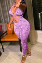 Purple Sexy Print Hollowed Out V Neck Skinny Jumpsuits