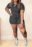Black Casual Solid Basic O Neck Plus Size Short Sleeve Romper