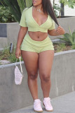 Yellow Sexy Casual Solid Basic V Neck Short Sleeve Two Pieces