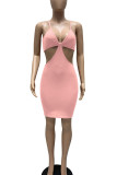 Pink Sexy Solid Bandage Split Joint Spaghetti Strap Pencil Skirt Dresses