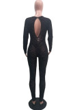 Black Fashion Sexy Patchwork Hollowed Out See-through O Neck Skinny Jumpsuits