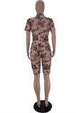 Pink Fashion Casual Print Basic Zipper Collar Regular Romper