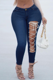 Medium Blue Sexy Solid Hollowed Out Draw String Plus Size Jeans