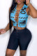 Blue Sexy Print Bandage Hollowed Out Asymmetrical O Neck Sleeveless Two Pieces