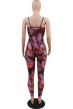 Red Sexy Print Patchwork See-through Spaghetti Strap Sleeveless Two Pieces