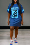 Blue Fashion Casual Print Basic O Neck Short Sleeve Dress