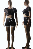 Pink Sexy Solid Patchwork O Neck Short Sleeve Two Pieces