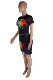 Black Casual Print Patchwork O Neck Short Sleeve Two Pieces
