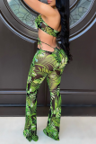 Green Sexy Print Hollowed Out Halter Sleeveless Two Pieces