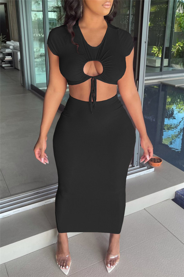 Black Fashion Sexy Solid Hollowed Out Strap Design O Neck Short Sleeve Two Pieces