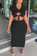 Black Fashion Sexy Solid Hollowed Out Strap Design O Neck Short Sleeve Two Pieces