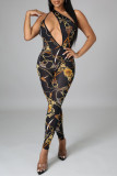 Black Fashion Sexy Print Hollowed Out Backless One Shoulder Skinny Jumpsuits