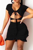 Black Sexy Casual Solid Hollowed Out Frenulum V Neck Short Sleeve Dress