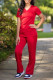 Red Fashion Casual Solid Basic V Neck Short Sleeve Two Pieces