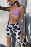 Multi-color Sexy Print Patchwork Frenulum Backless Halter Sleeveless Two Pieces