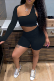 Pink Casual Solid Hollowed Out One Shoulder Long Sleeve Two Pieces