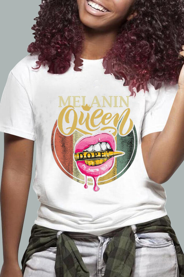 White Fashion Casual Print Basic O Neck T-Shirts