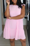 Light Pink Sweet Solid Patchwork Flounce O Neck A Line Dresses