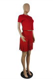 Red Fashion Casual Solid Tassel O Neck Short Sleeve Two Pieces