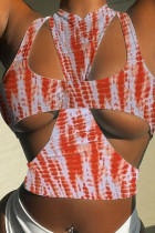 Red White Fashion Sexy Print Hollowed Out O Neck Tops Two-piece Set