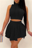 Rose Red Sexy Casual Solid Basic Half A Turtleneck Sleeveless Two Pieces
