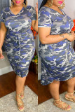 Camouflage Fashion Casual Plus Size Camouflage Print Basic V Neck Short Sleeve Dress