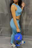 Blue Casual Letter Print Patchwork O Neck Sleeveless Two Pieces